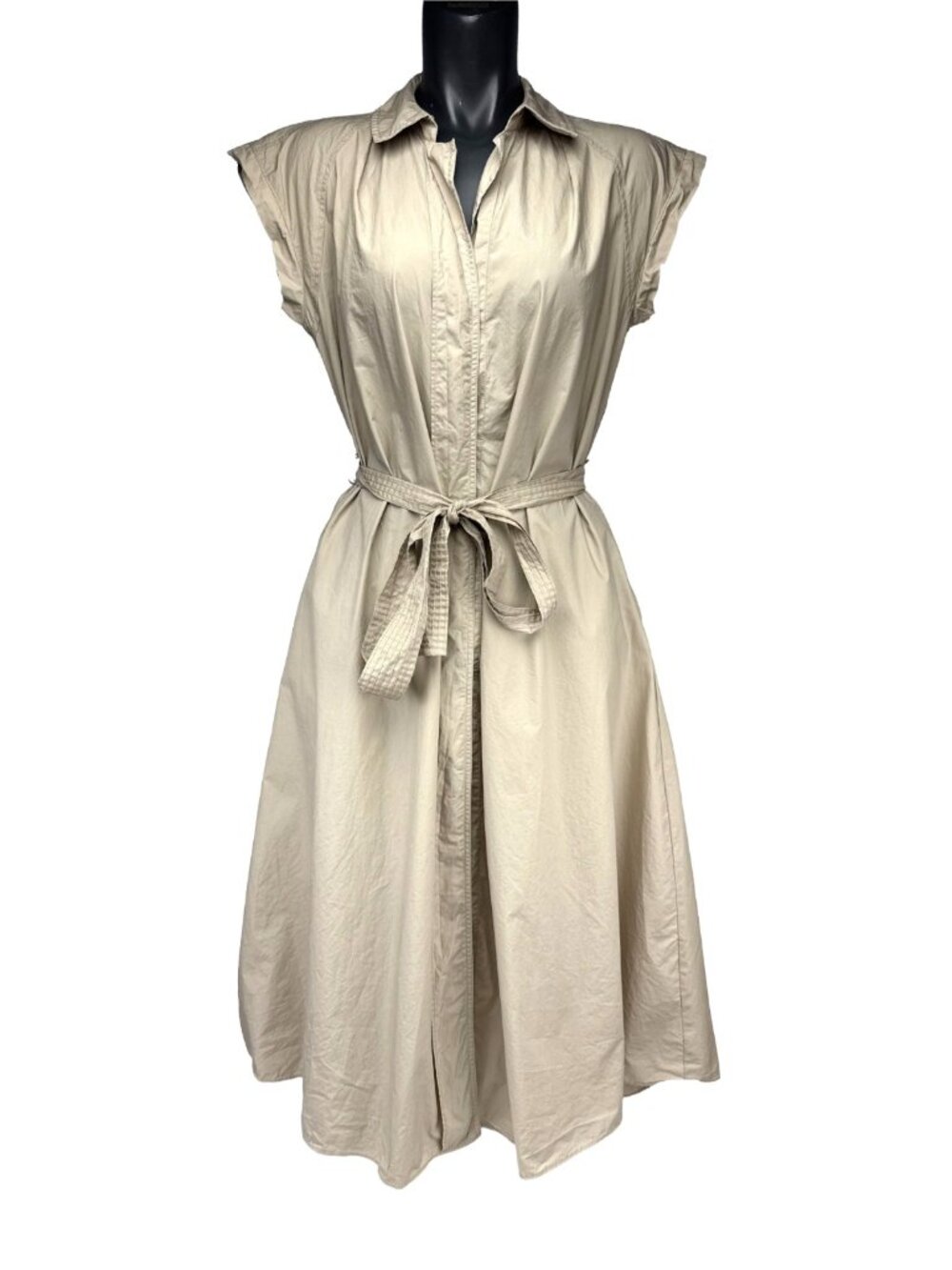 C BY ONE Popeline Cotton Neutral Beige Old Money Belted Shirt Dress sz M